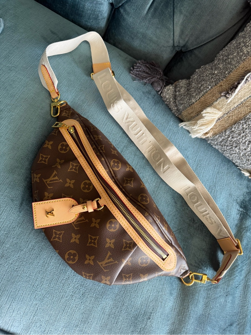Louis Vuitton Monogram Canvas Belt Bag with Cream Strap